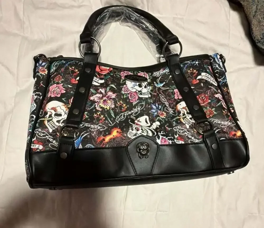 Ed Hardy Tattoo Skull and Rose Print Satchel Handbag